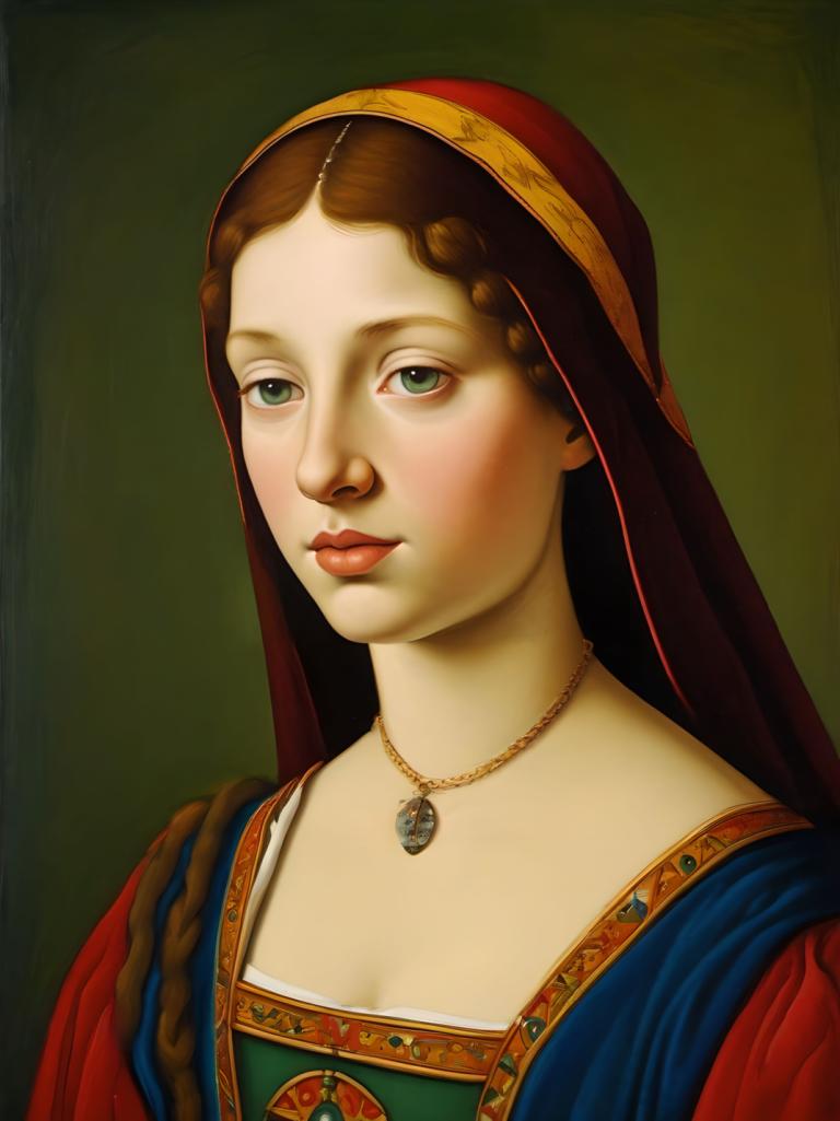 Tempera,Tempera, People, medieval european girl, portrait, 1girl, solo, jewelry, brown hair, green eyes