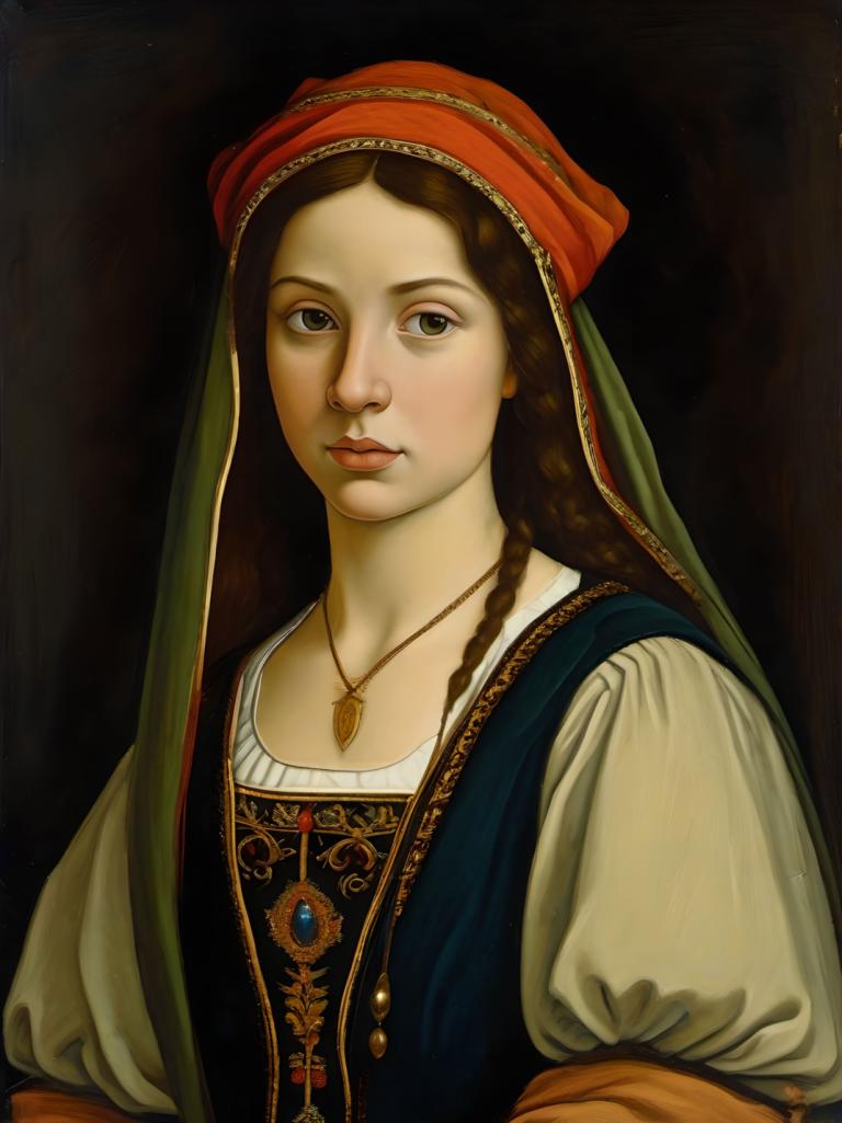 Tempera,Tempera, People, medieval european girl, portrait, solo, jewelry, fine art parody, realistic, 1girl