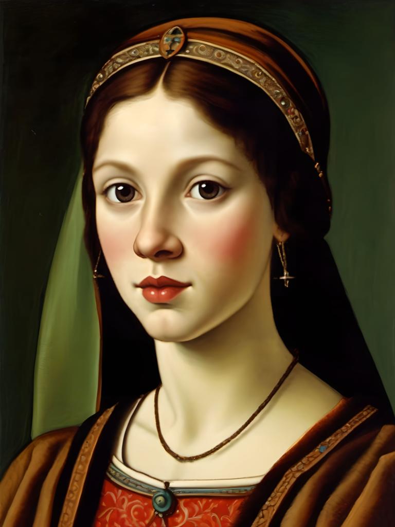 Tempera,Tempera, People, medieval european girl, portrait, 1girl, solo, jewelry, brown hair, necklace