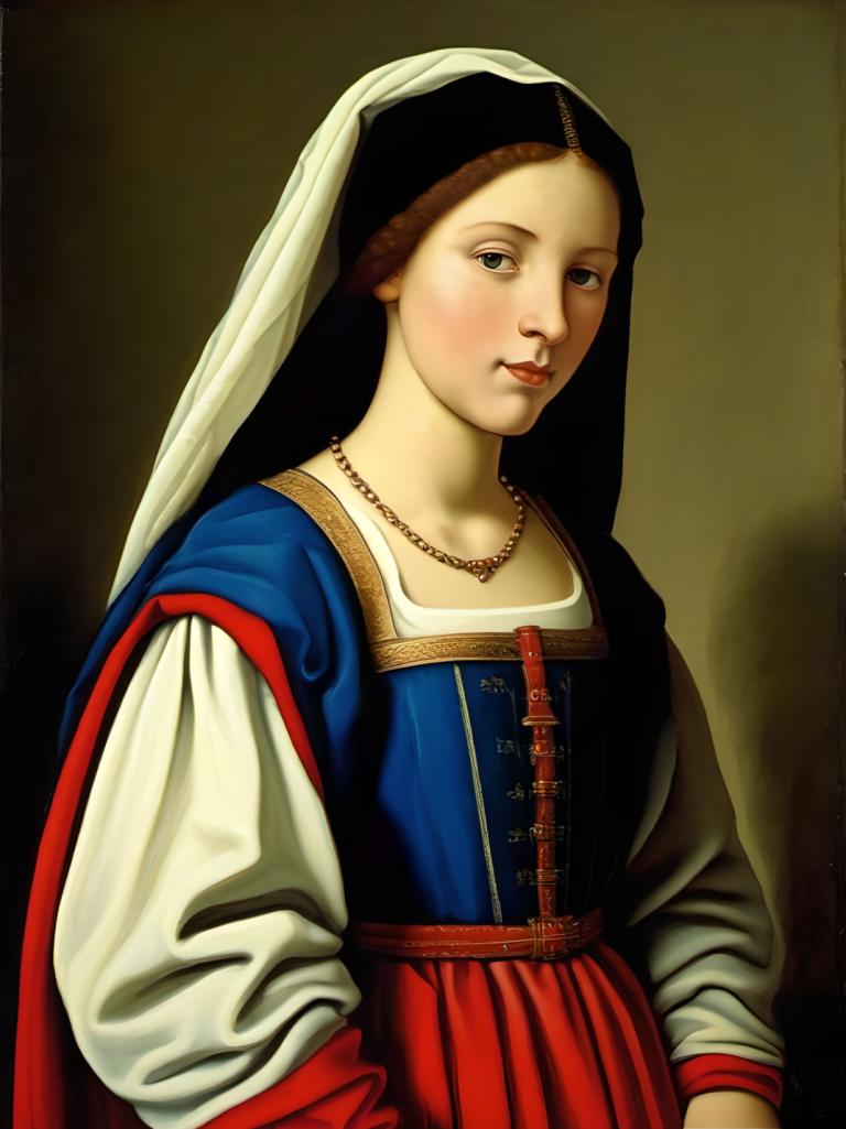 Tempera,Tempera, People, medieval european girl, portrait, solo, 1girl, realistic, fine art parody, necklace