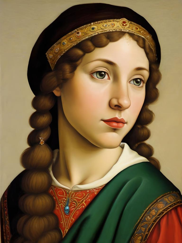 Tempera,Tempera, People, medieval european girl, portrait, 1girl, solo, braid, brown hair, realistic