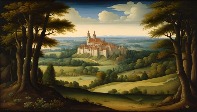 Tempera,Tempera, Nature, medieval european landscape, scenery, no humans, tree, cloud, sky, castle, outdoors