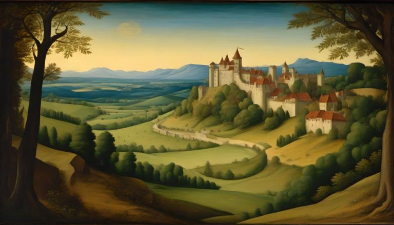 Tempera,Tempera, Nature, medieval european landscape, no humans, scenery, tree, outdoors, castle, sky, nature