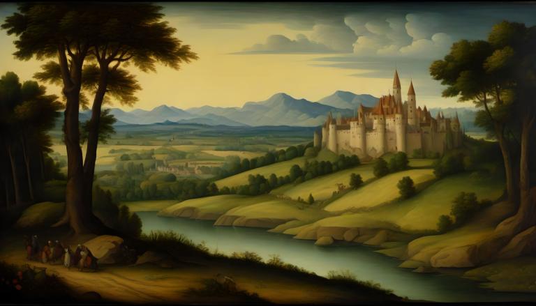 Tempera,Tempera, Nature, medieval european landscape, tree, scenery, cloud, castle, outdoors, sky, river