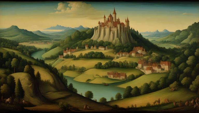 Tempera,Tempera, Nature, medieval european landscape, scenery, no humans, tree, cloud, outdoors, sky, castle