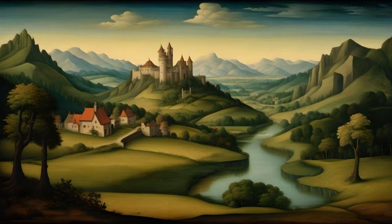 Tempera,Tempera, Nature, medieval european landscape, no humans, scenery, tree, cloud, castle, outdoors, sky