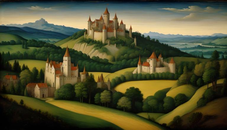 Tempera,Tempera, Nature, medieval european landscape, scenery, no humans, outdoors, castle, sky, tree, cloud