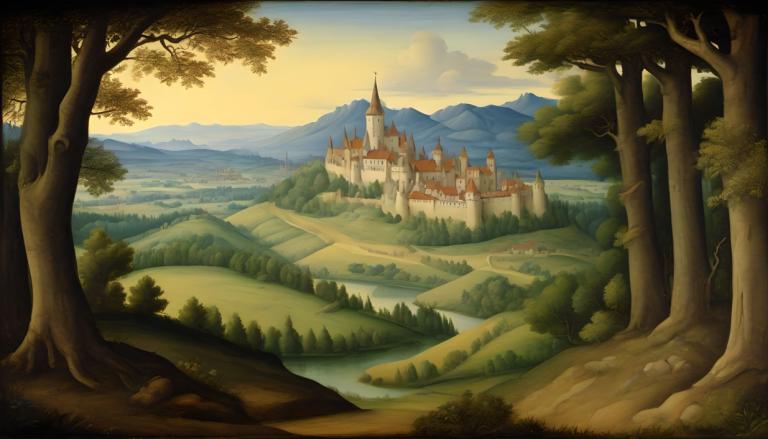 Tempera,Tempera, Nature, medieval european landscape, no humans, scenery, tree, outdoors, castle, cloud, sky