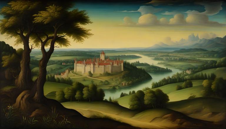 Tempera,Tempera, Nature, medieval european landscape, scenery, no humans, tree, cloud, outdoors, sky