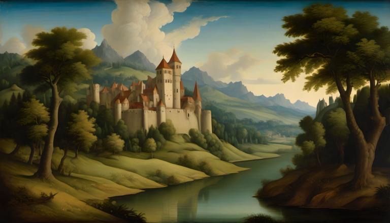 Tempera,Tempera, Nature, medieval european landscape, no humans, scenery, tree, sky, cloud, outdoors, castle