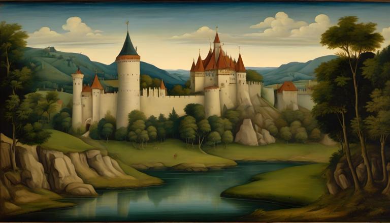 Tempera,Tempera, Nature, medieval european landscape, no humans, scenery, tree, cloud, outdoors, sky, castle