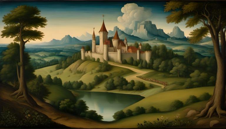 Tempera,Tempera, Nature, medieval european landscape, scenery, tree, no humans, outdoors, sky, cloud, castle