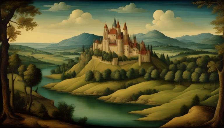 Tempera,Tempera, Nature, medieval european landscape, no humans, scenery, tree, cloud, outdoors, sky, castle