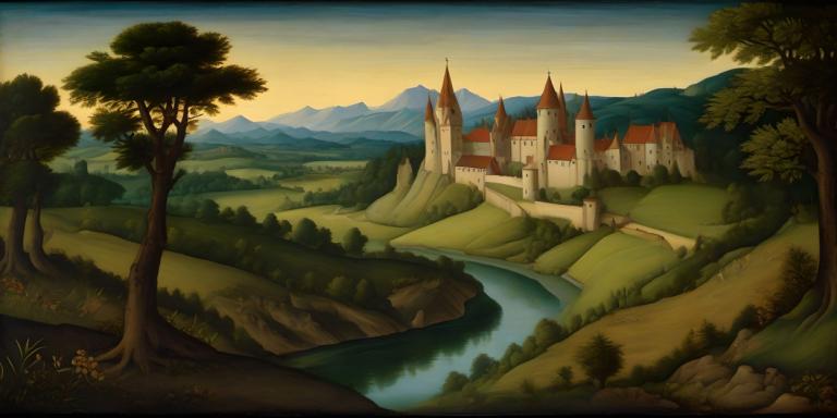 Tempera,Tempera, Nature, medieval european landscape, no humans, scenery, tree, outdoors, castle, water