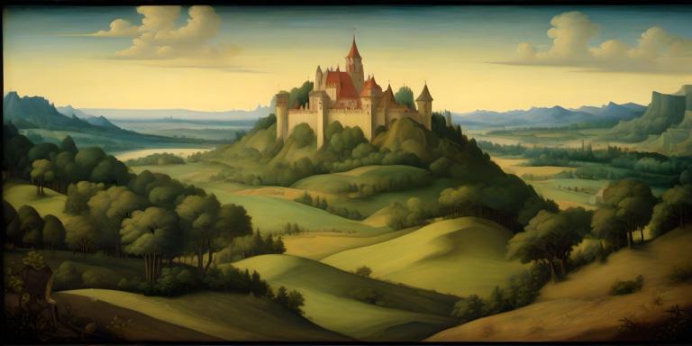 Tempera,Tempera, Nature, medieval european landscape, no humans, scenery, tree, cloud, outdoors, castle, sky