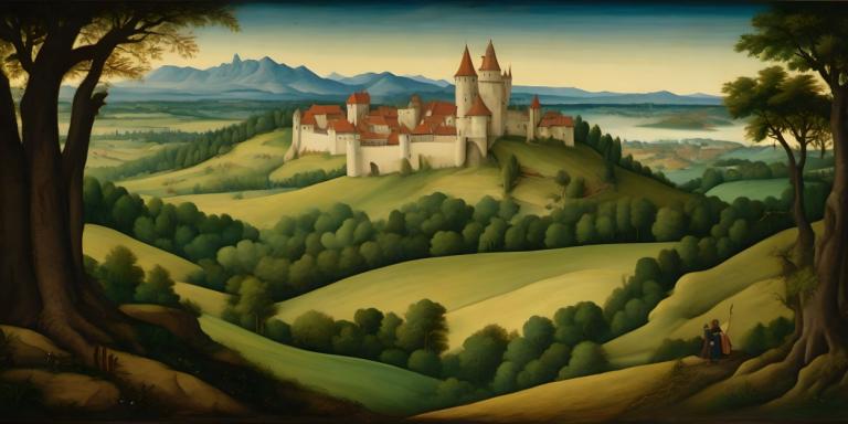 Tempera,Tempera, Natur, mittelalterliche europäische Landschaft, Baum, Landschaft, Schloss, draußen, Himmel