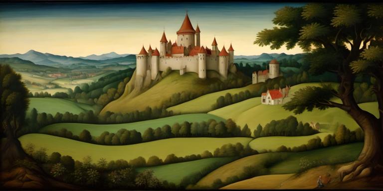 Tempera,Tempera, Natur, mittelalterliche europäische Landschaft, Baum, Landschaft, Schloss, draußen, Natur