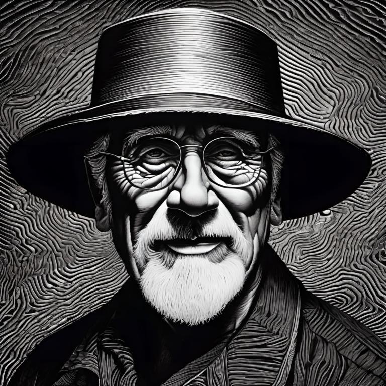 Scratchboard Art,Scratchboard Art, People, man, greyscale, 1boy, monochrome, male focus, solo, hat, glasses