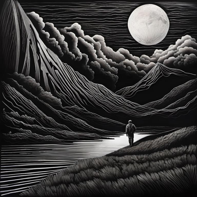 Scratchboard Art,Scratchboard Art, Lidé, muž, měsíc, černobílý, stupně šedi, mrak, úplněk, nebe, sólo, noc