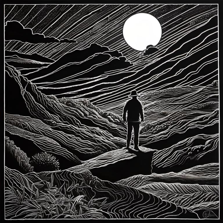 Scratchboard Art,Scratchboard Art, People, man, greyscale, monochrome, moon, solo, full moon, night, border