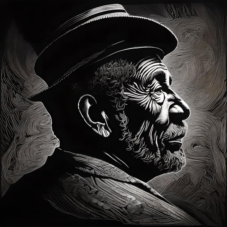 Scratchboard Art,Scratchboard Art, People, man, monochrome, greyscale, solo, hat, 1boy, male focus