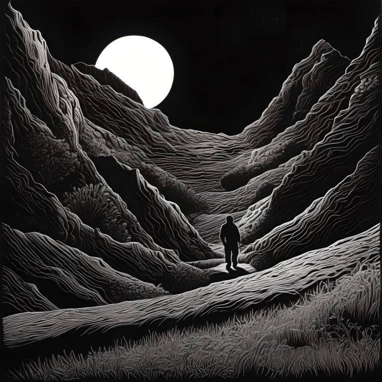 Scratchboard Art,Scratchboard Art, People, man, monochrome, greyscale, night, moon, outdoors, solo, sky