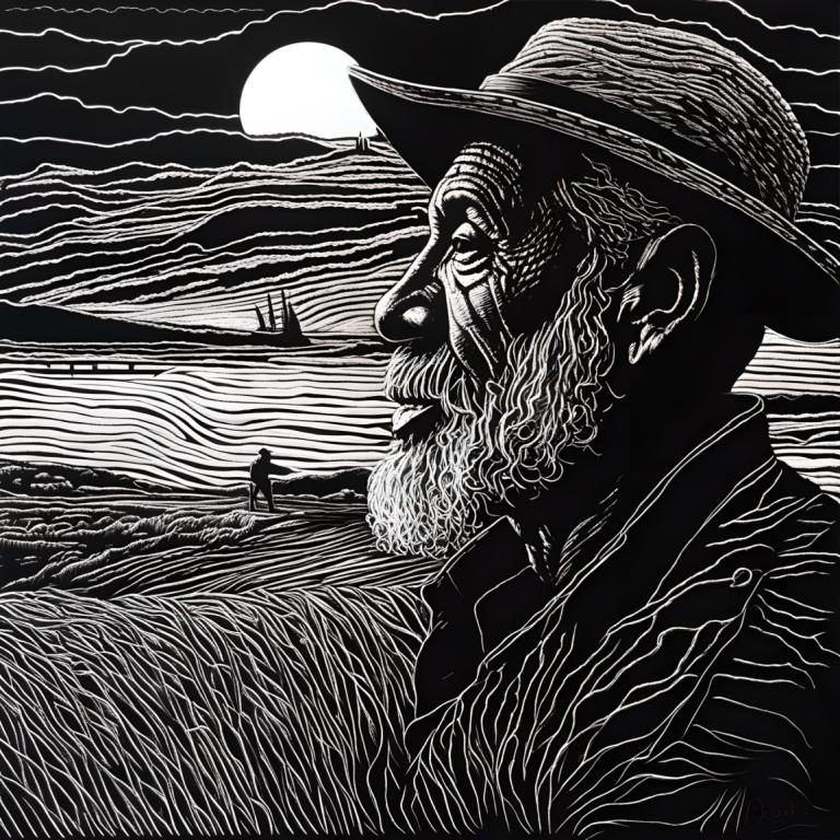 Scratchboard Art,Scratchboard Art, People, man, monochrome, greyscale, moon, hat, full moon, solo, 1boy