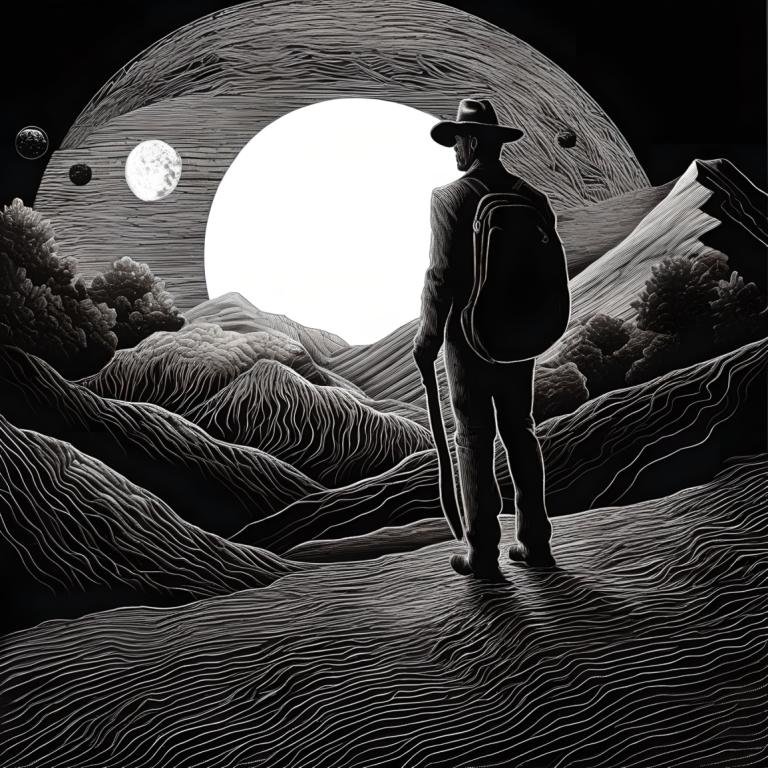 Scratchboard art,Scratchboard art, Persone, Uomo, monocromo, 1 ragazzo, scala di grigi, luna, cappello