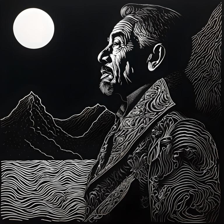 Scratchboard Art,Scratchboard Art, People, man, greyscale, monochrome, moon, solo, 1boy, male focus