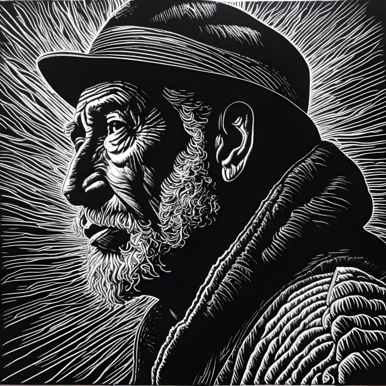 Scratchboard Art,Scratchboard Art, People, man, greyscale, monochrome, hat, solo, 1boy, facial hair