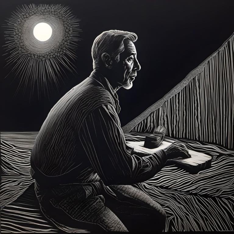 Scratchboard Art,Scratchboard Art, People, man, 1boy, monochrome, male focus, solo, greyscale, moon, sitting