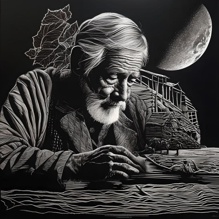 Scratchboard Art,Scratchboard Art, människor, man, 1 pojke, svartvit, gråskala, manligt fokus, solo, måne