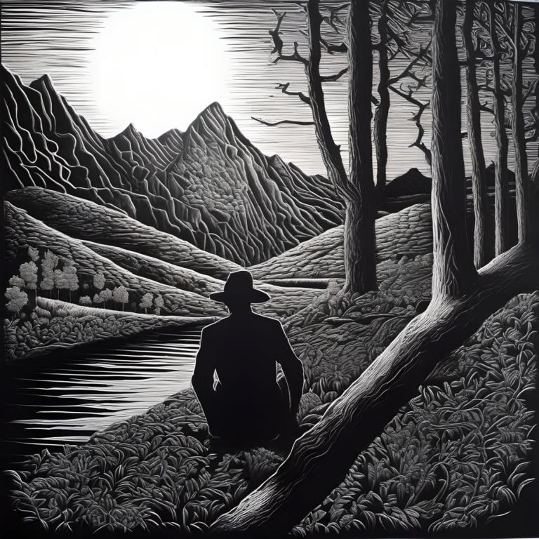 Scratchboard Art,Scratchboard Art, Mennesker, mand, monokrom, gråtoner, træ, silhuet, natur, solo, landskab