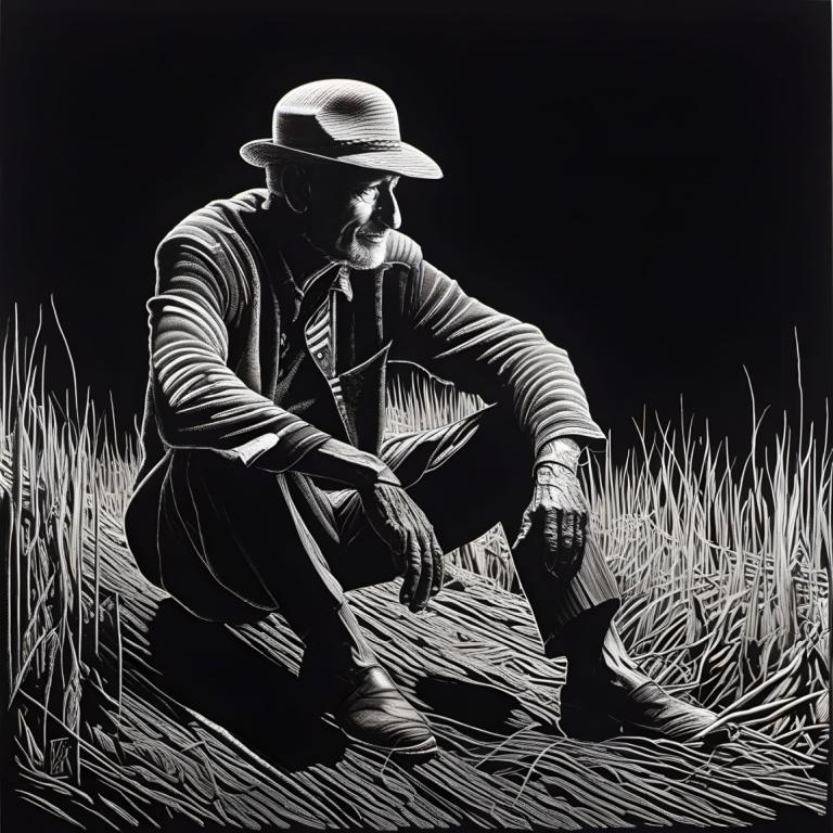 Scratchboard Art,Scratchboard Art, People, man, monochrome, 1boy, greyscale, male focus, solo, hat, sitting