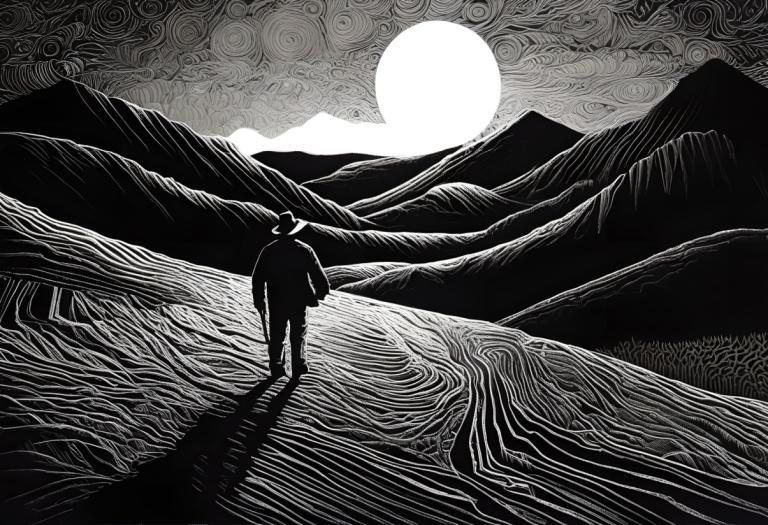 Scratchboard Art,Scratchboard Art, People, man, monochrome, greyscale, 1other, solo, moon, sun, mountain