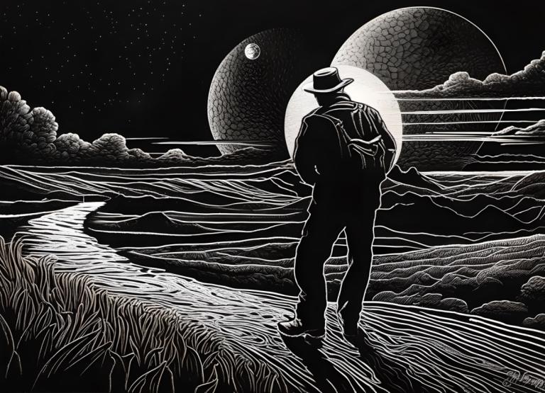 Scratchboard Art,Scratchboard Art, People, man, monochrome, moon, greyscale, hat, sky, 1boy, night, full moon