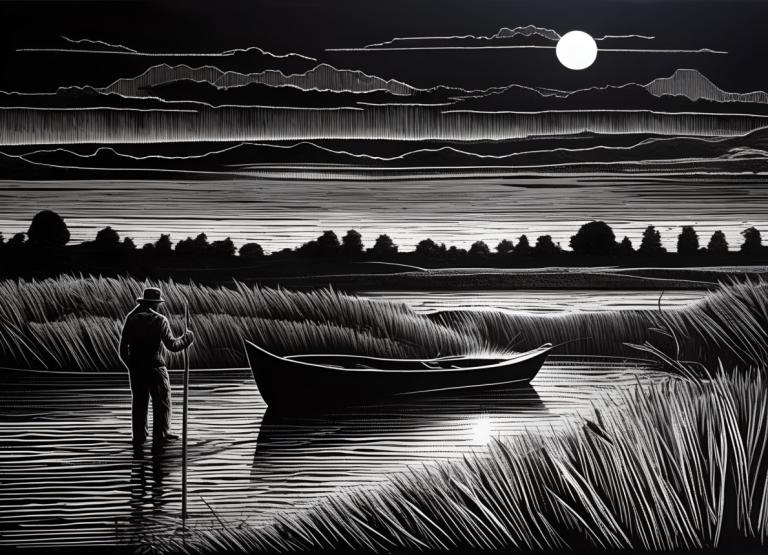 Scratchboard Art,Scratchboard Art, People, man, monochrome, greyscale, moon, 1boy, watercraft, boat, night