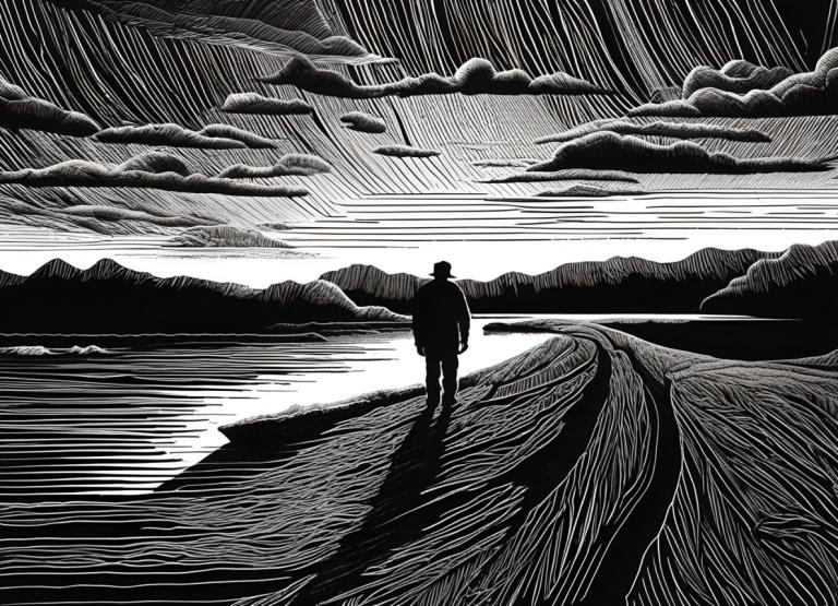 Scratchboard Art,Scratchboard Art, People, man, monochrome, greyscale, 1boy, cloud, solo, male focus, sky