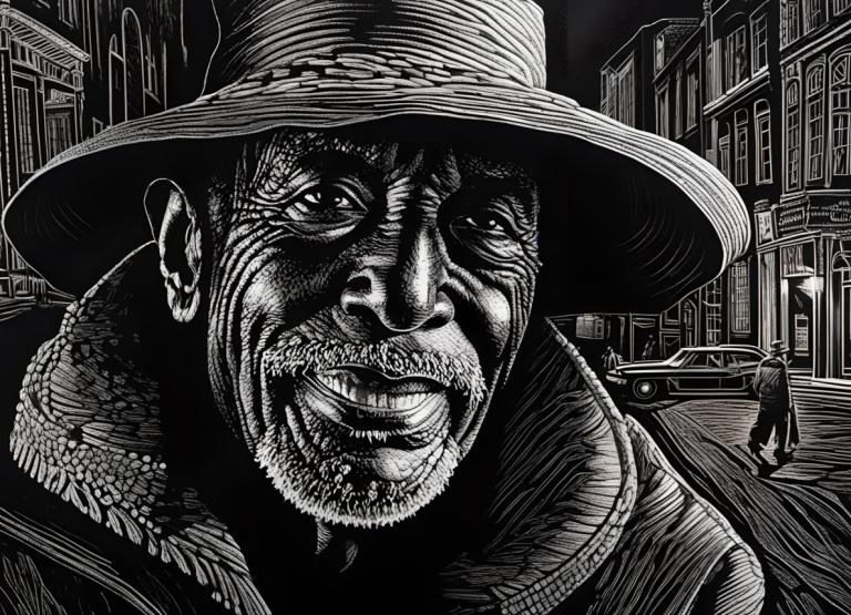 Scratchboard art,Scratchboard art, Persone, Uomo, monocromo, scala di grigi, cappello, 1 ragazzo