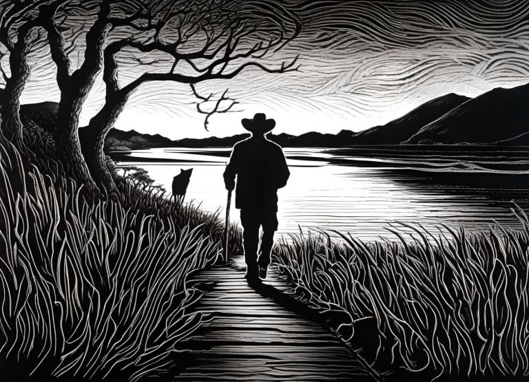 Scratchboard-Kunst,Scratchboard-Kunst, Menschen, Mann, einfarbig, Graustufen, Silhouette, Baum, Hut, 1Junge