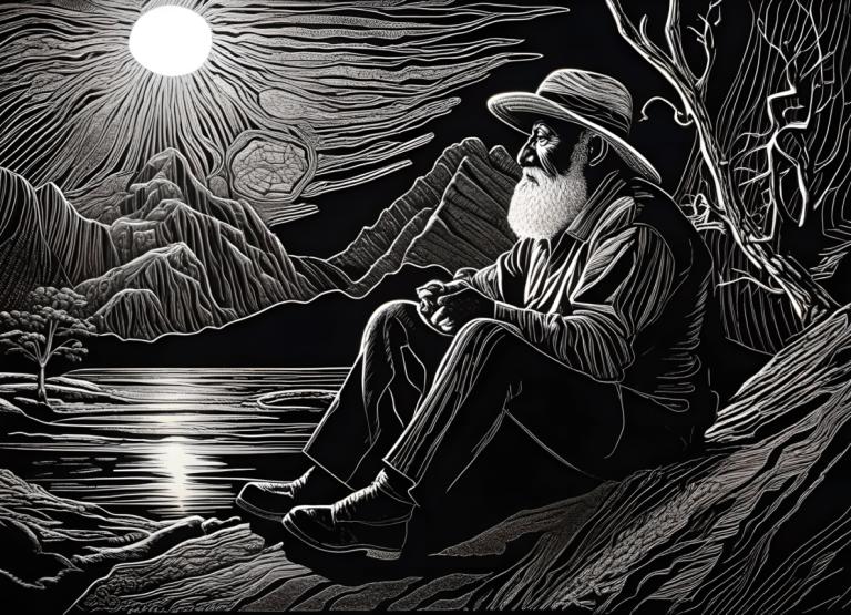 Scratchboard Art,Scratchboard Art, People, man, monochrome, 1boy, greyscale, hat, male focus, sitting, solo