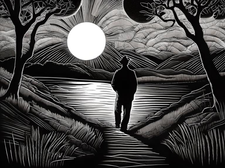 Scratchboard Art,Scratchboard Art, People, man, greyscale, monochrome, tree, 1boy, solo, sun, male focus