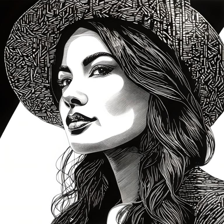 Scratchboard Art,Scratchboard Art, People, woman, 1girl, monochrome, greyscale, solo, portrait, hat