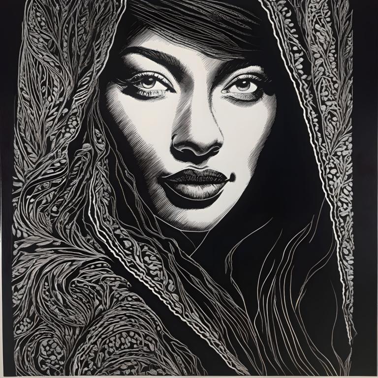 Scratchboard Art,Scratchboard Art, Ihmiset, nainen, yksivärinen, yksin, harmaasävy, 1 tyttö, muotokuva, hymy