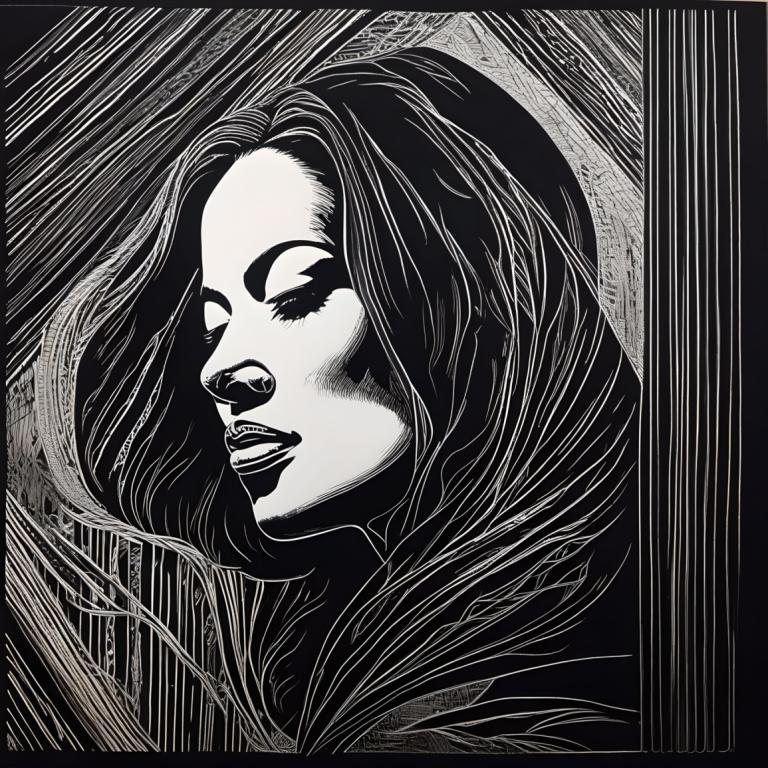 Scratchboard Art,Scratchboard Art, Ludzie, kobieta, monochromia, solo, 1 dziewczyna, skala szarości