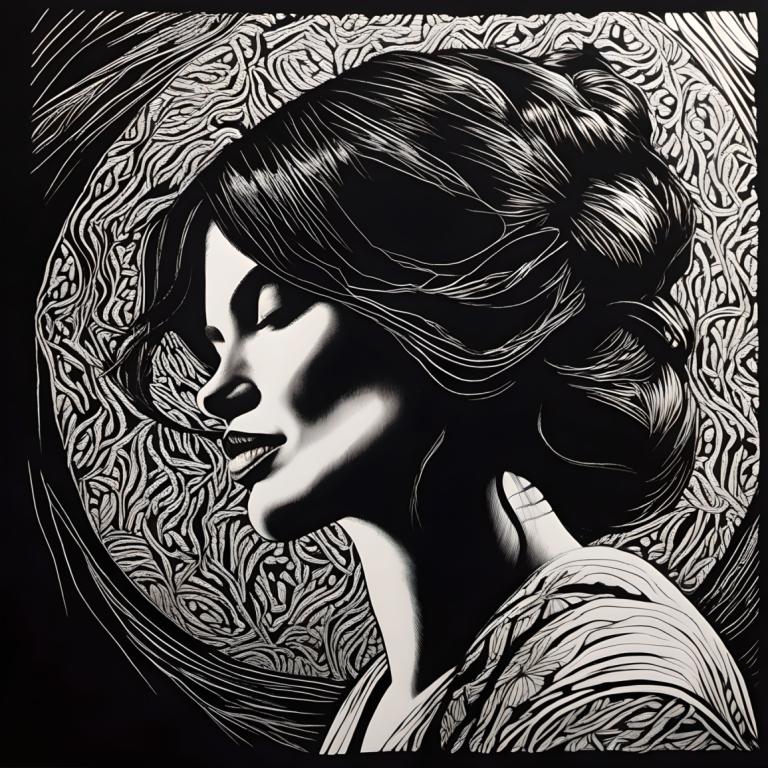 Scratchboard Art,Scratchboard Art, Lidé, žena, černobílý, stupně šedi, sólo, 1 dívka, profil, portrét