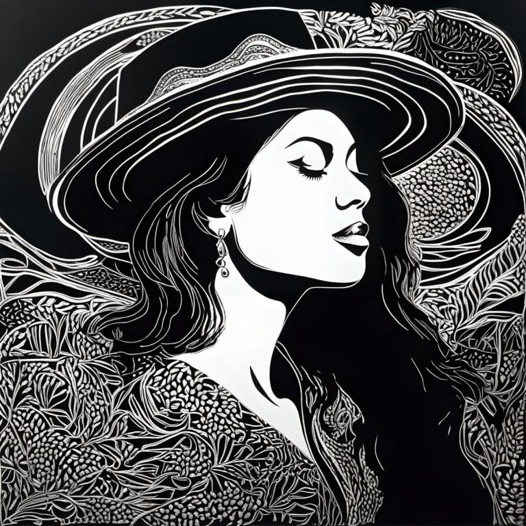 Scratchboard Art,Scratchboard Art, People, woman, 1girl, greyscale, monochrome, solo, hat, closed eyes