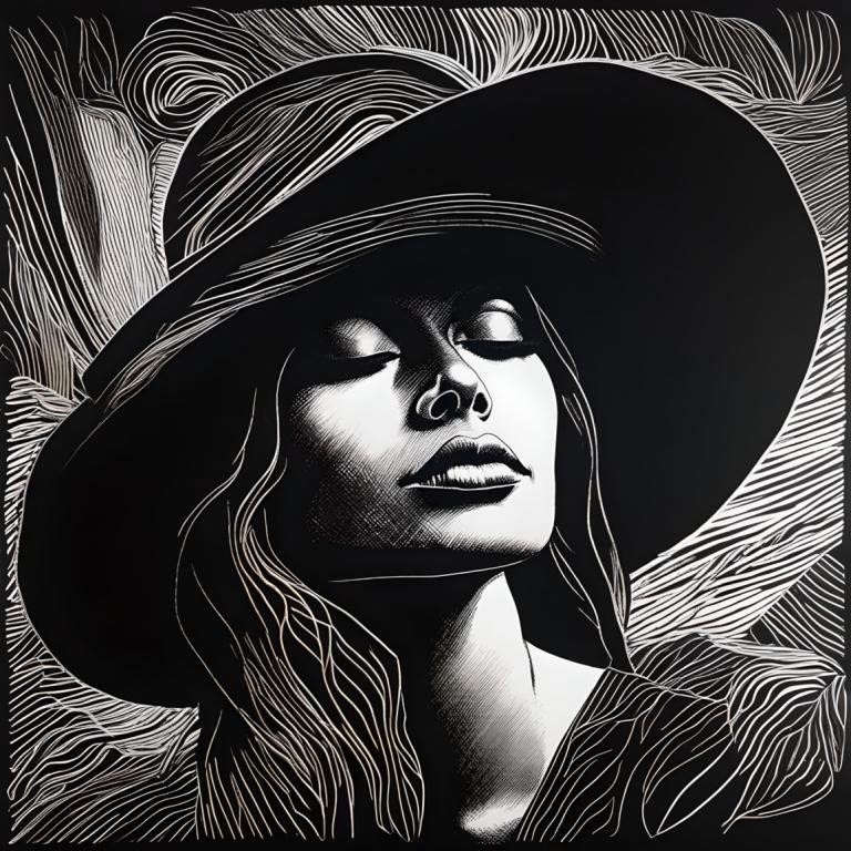 Scratchboard Art,Scratchboard Art, People, woman, monochrome, greyscale, solo, hat, 1girl, portrait