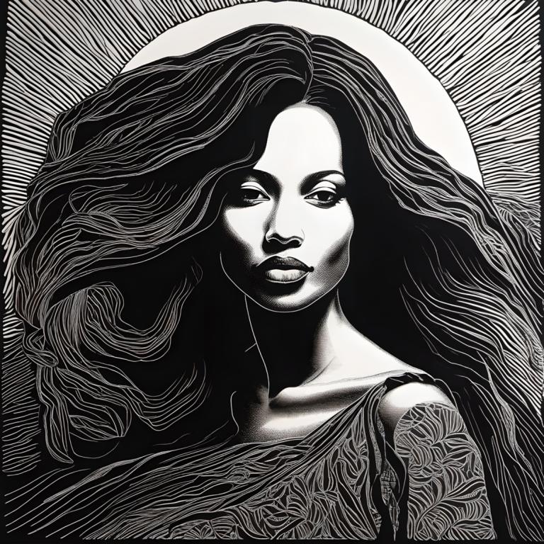 Scratchboard Art,Scratchboard Art, People, woman, 1girl, greyscale, monochrome, solo, long hair