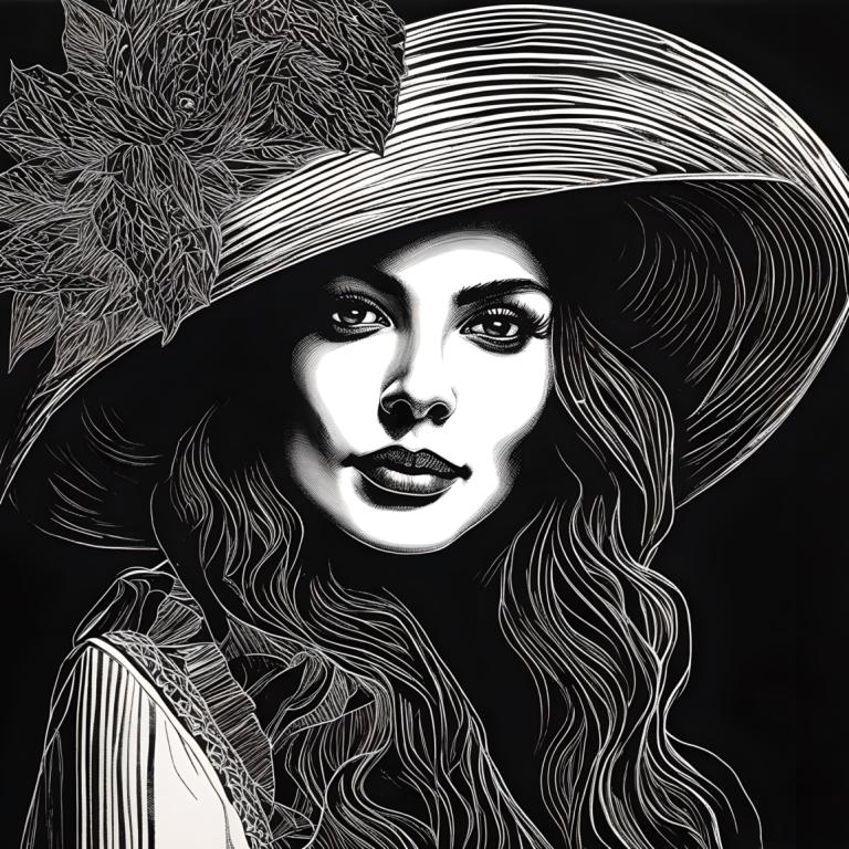 Scratchboard Art,Scratchboard Art, People, woman, 1girl, greyscale, monochrome, solo, hat, flower, long hair